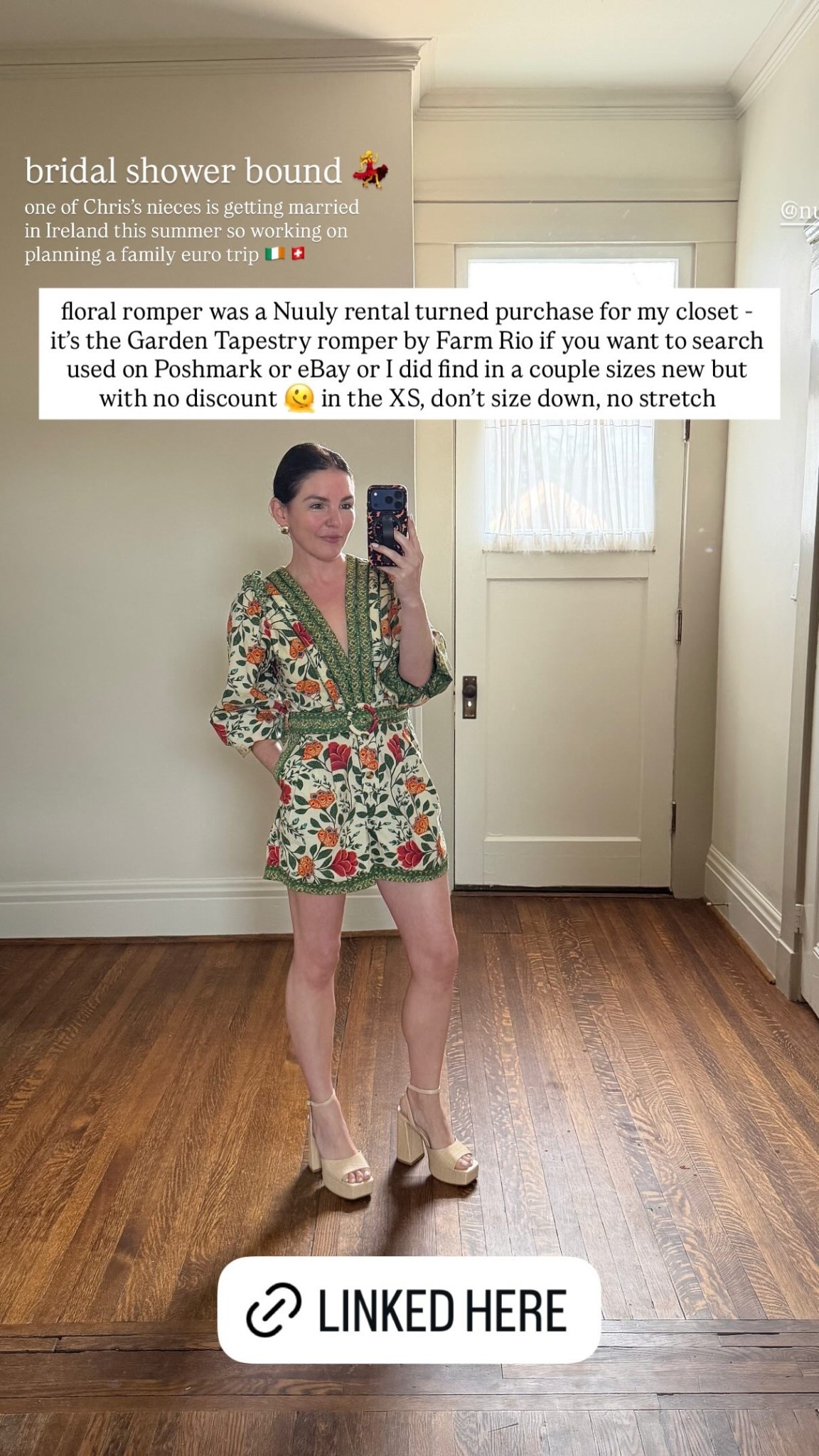 bridal shower bound 💃 one of Chris’s nieces is getting married in Ireland this summer so working on planning a family euro trip 🇮🇪🇨🇭 floral romper was a Nuuly rental turned purchase for my closet - it’s the Garden Tapestry romper by Farm Rio if you want to search used on Poshmark or eBay or I did find in a couple sizes new but with no discount 🫠 in the XS, don’t size down, no stretch  @nuuly @farmrio

#LTKootd #LTKdayinmylife #LTKmomlife