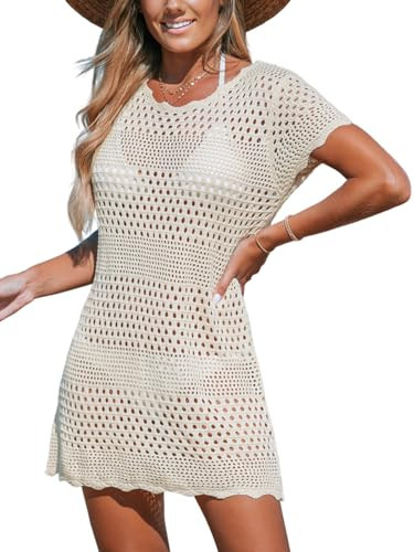 CUPSHE Crochet Hollow Out Cover Up Knit Beach Bathing Suit Bikini Cover Ups Short Sleeve Vacation Dress Off-White X-Small | Amazon (US)