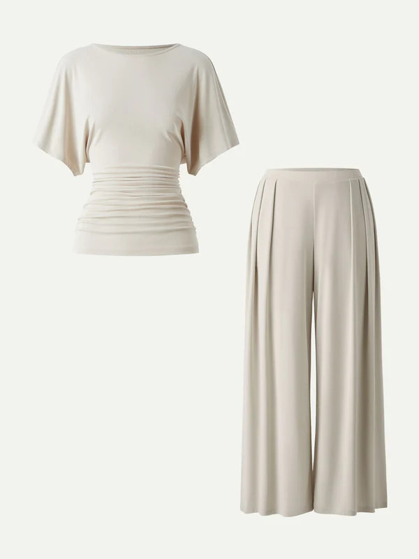 2Pcs Set Boatneck Batwing Sleeve Top & Wide Leg Palazzo Pant with Pockets | OGLmove
