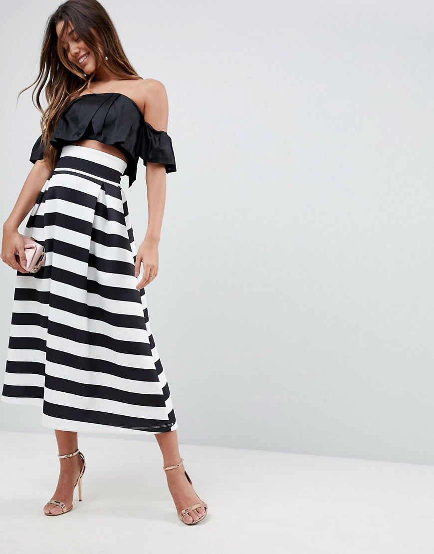 ASOS High Waisted Scuba Midi Prom Skirt in Stripe - Multi | ASOS US