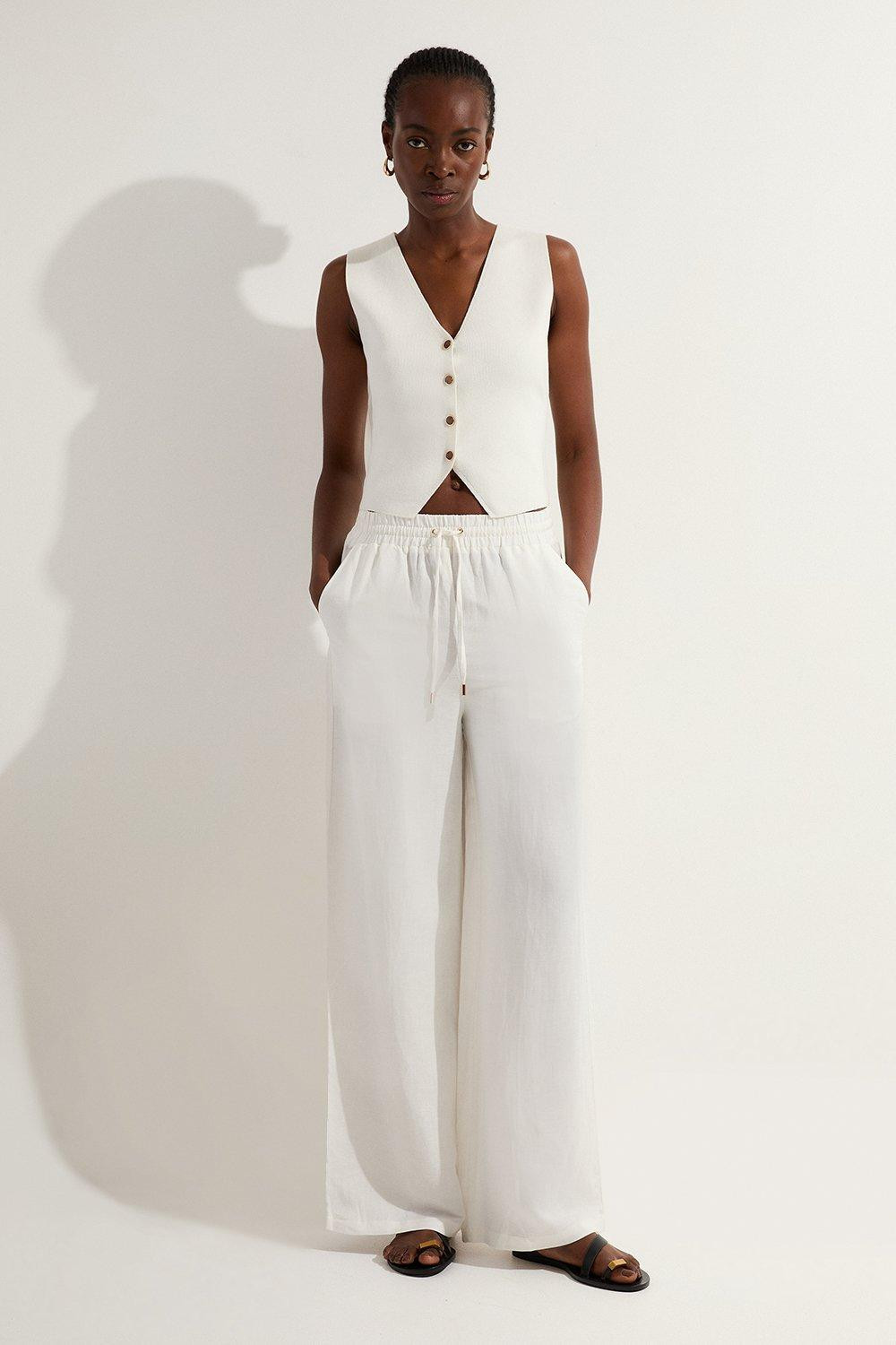 Viscose Linen Tie Waist Woven Trouser | Karen Millen UK + IE + DE + NL