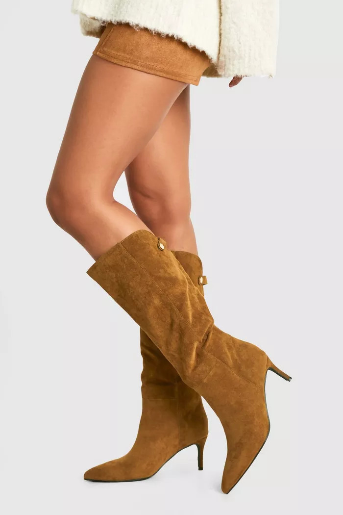 Faux Suede Curved Stiletto Knee High Boots | Boohoo.com (UK & IE)