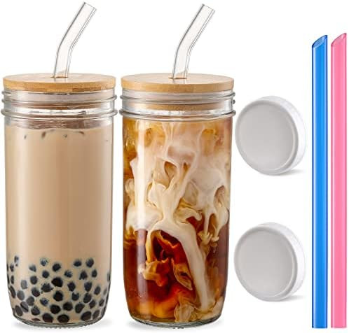 2 Pack Glass Cups Set - 24oz Mason Jar with Bamboo Lids and Glass Straw & 2 Airtight Lids - Cute ... | Amazon (US)