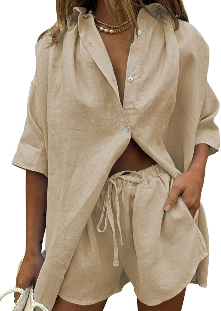 Women 2 Piece Outfit Summer Short Sleeve Top and Shorts Sweatsuit Set | Amazon (US)