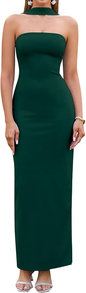 HTZMO Women Elegant Summer Bodycon Maxi Dress Halter Neck Formal Wedding Guest Cocktail Party Lon... | Amazon (US)