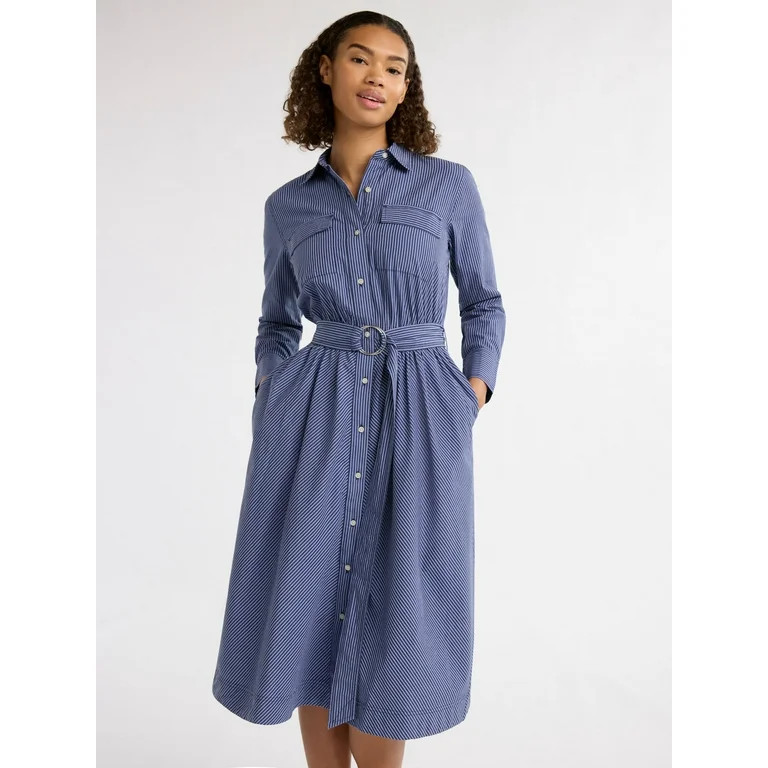 Free Assembly Women's and Women's Plus Belted Midi Shirtdress with Long Sleeves, Sizes XS-4X | Walmart (US)