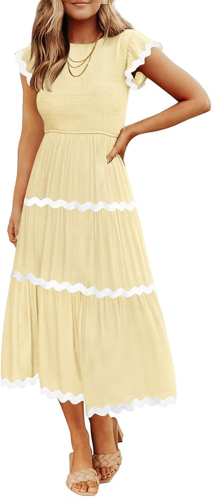 ZESICA Womens Summer Casual Smocked Midi Dress 2026 Flutter Short Sleeve High Waist Tiered Flowy ... | Amazon (US)