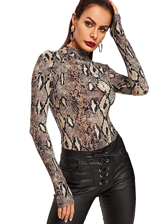 MAKEMECHIC Women's Pullover Leopard Tops Bodysuit Long Sleeves Jumpsuit | Amazon (US)