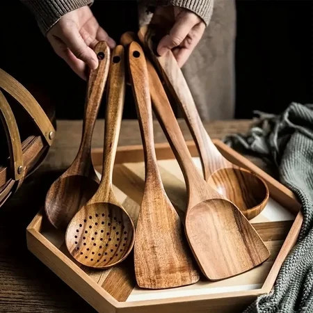 BYXAS Wood Kitchen Utensils Set, 5 Pcs Natural Acacia Wooden Spoons for Cooking for Non-stick Skillet, Utensil Set for Cooking with Soup Ladle and Wok Spatulas, Salad Fork, Spurtles for Cooking | Walmart (US)