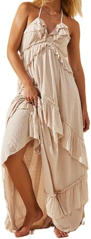 NUFIWI Sexy V Neck Backless Asymmetrical Ruffle Maxi Dress Halter Neck Sleeveless Long Dress Cuto... | Amazon (US)