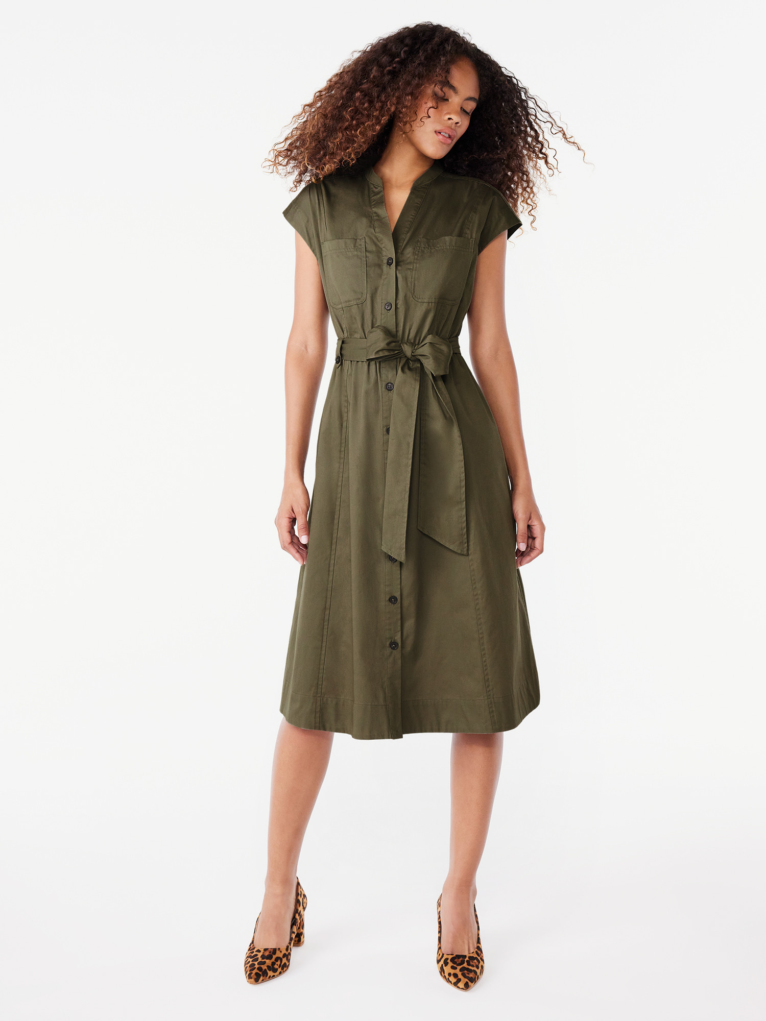 Free Assembly Women's Belted Utility Midi Shirtdress with Short Sleeves, Sizes XS-XXL | Walmart (US)