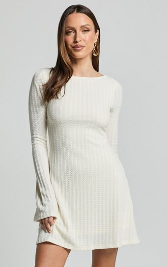 Melissa Mini Dress - Flared Long Sleeve A Line Dress in Off White | Showpo (US, UK & Europe)