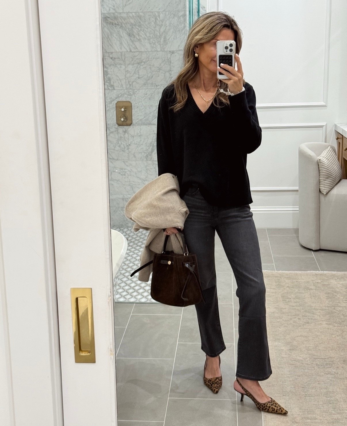 -Quince kick flare jeans. I size up one size, I’m 5’6”
-black v-neck sweater 
-leopard heels TTS. 


#LTKootd #LTKOver40