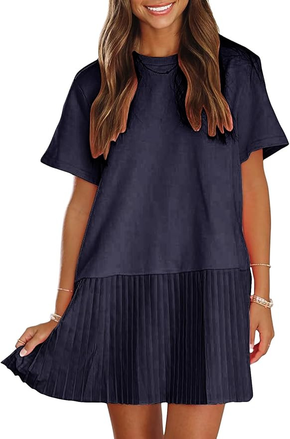 EXLURA Womens Summer Casual Short Sleeve Dress Crewneck Tshirt Dresses Pleated Aline Mini Dress 2... | Amazon (US)
