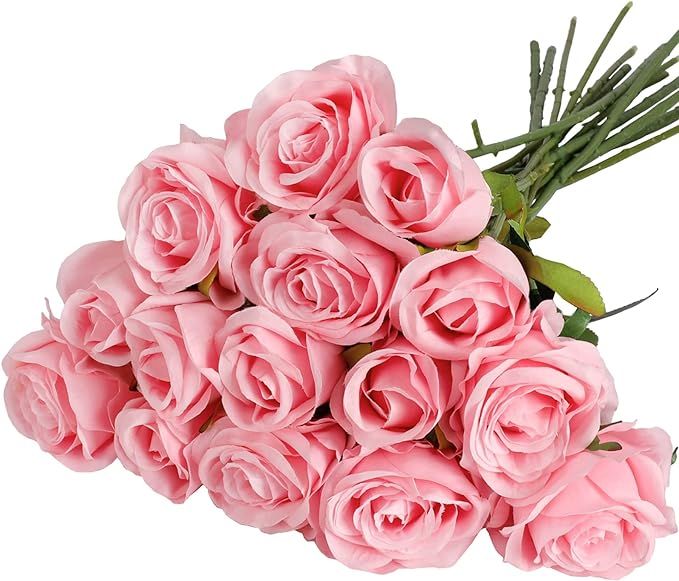 CEWOR 15pcs Artificial Pink Roses Flowers with Stems Silk Rose Bouquet Valentine's Day Decoration... | Amazon (US)