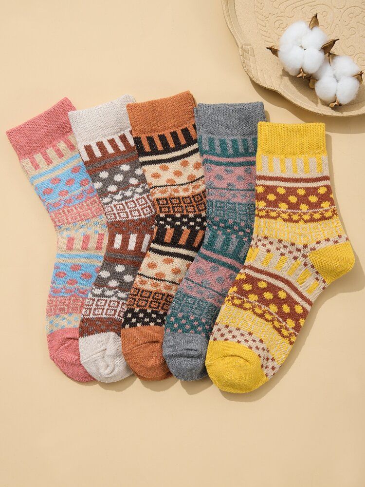 5pairs Polka Dot & Striped Pattern Crew Socks | SHEIN