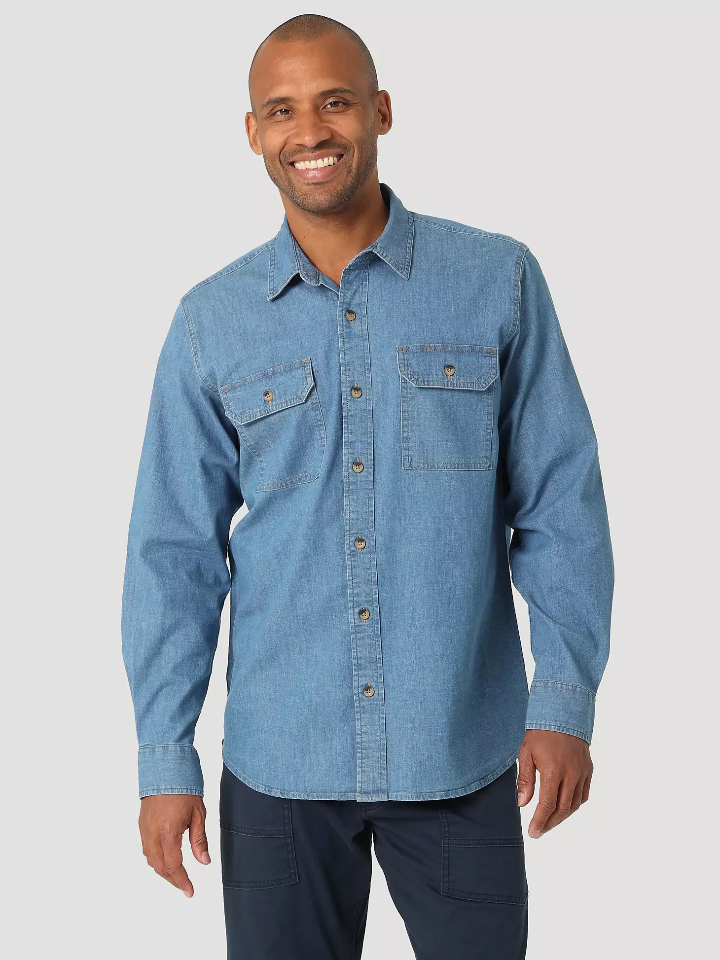 Men's Wrangler® Long Sleeve Twill/Denim Shirt in Light Wash | Wrangler