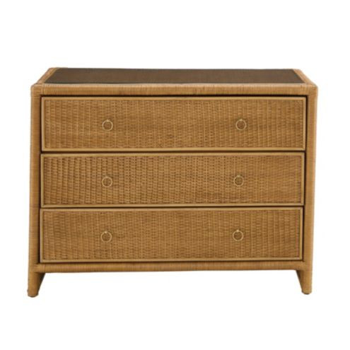 SK Southport Rattan Chest with Glass Top & Brass Ring Pulls | Ballard Designs, Inc.