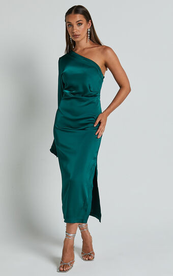 Tammy Midi Dress - One Sleeve Satin Dress in Emerald Green | Showpo (US, UK & Europe)