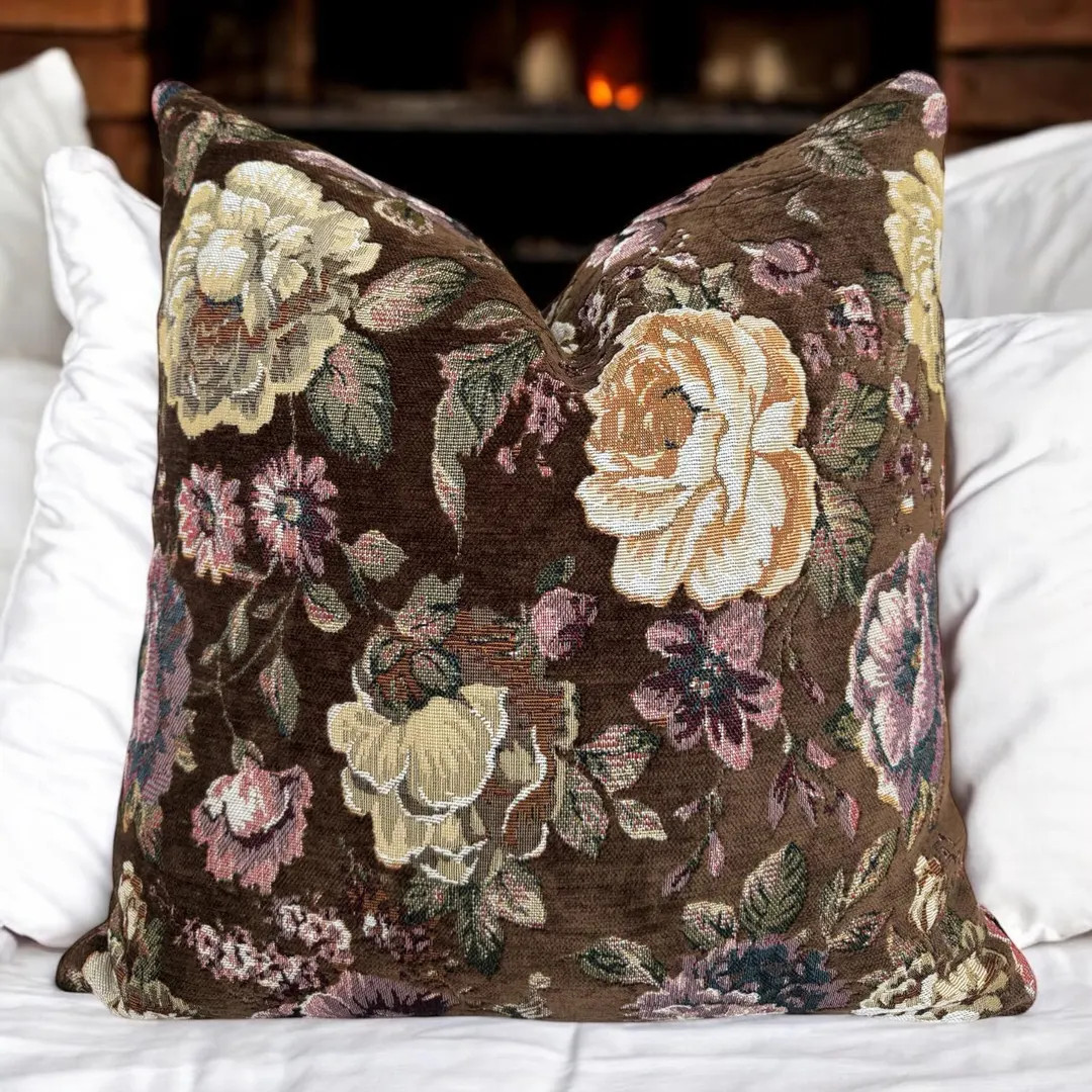 Brown Floral Tapestry Pillow Cover , Vintage Style Couch Pillowcase , Large Flower Textured Euro ... | Etsy (US)