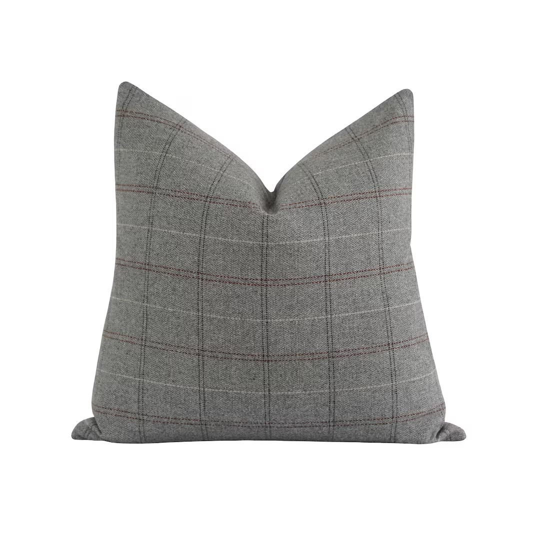 Stone Gray Plaid Pillow Cover, Wool Blend Pillow Cover With Gray, Black, Beige, Umber Brown Accen... | Etsy (US)