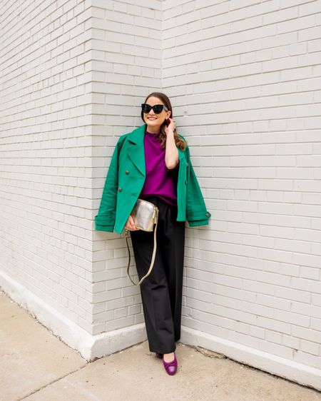 A colorful layered fall look from Talbots featuring wide leg pants, a short trench style jacket, purple top, and ballerina flats

#LTKworkwear #LTKunder100 #LTKstyletip