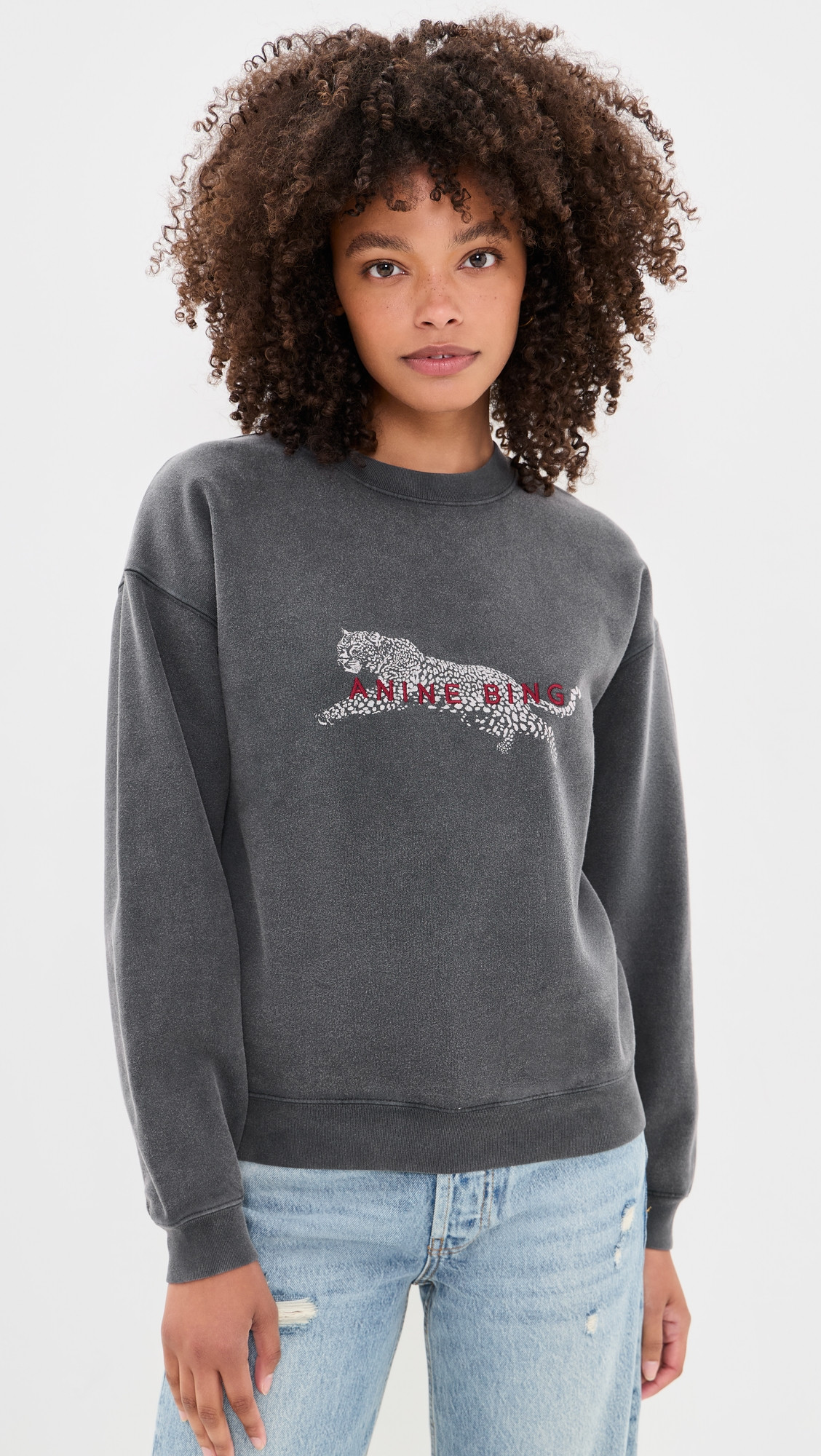 ANINE BING Spencer Leopard Sweatshirt Washed Black M | Shopbop