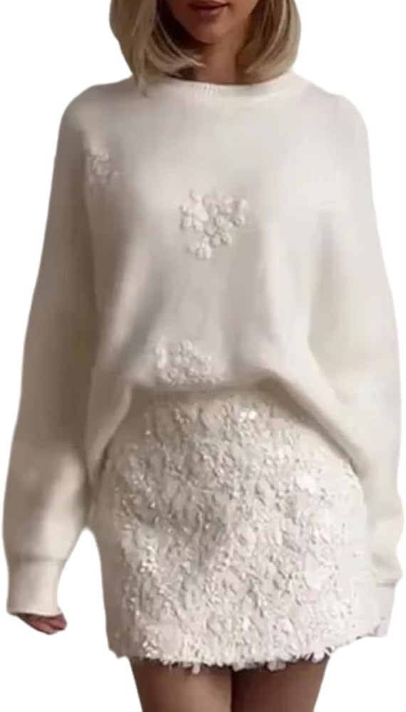 Women's Elegant Plush Jacquard Sweater Fall Trendy Warm Long Sleeve Crewneck Knitted Pullover Swe... | Amazon (US)