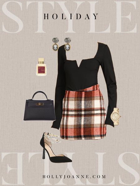 Holiday, Thanksgiving Outfit, Red Plaid Skirt, Luxury Chic Accessories, Gucci Earrings, Baccarat Rouge 540 Perfume, JLo Crystal Heels, Gold Watch, Hermes Mini Kelly Bag, Lulus Bodysuit, #HollyJoAnneW#LTKCyberweek

#LTKHoliday #LTKstyletip #LTKGiftGuide