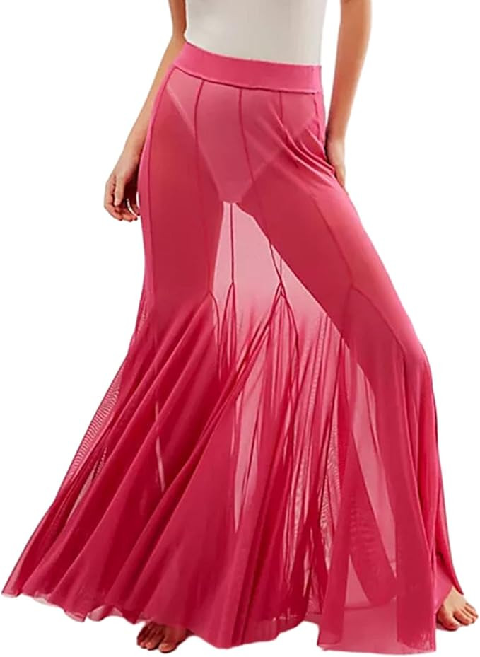 Women's Sheer Mesh Long Maxi Skirts High Waisted Summer Swimsuit Cover Up See-Through Beach Flowy... | Amazon (US)