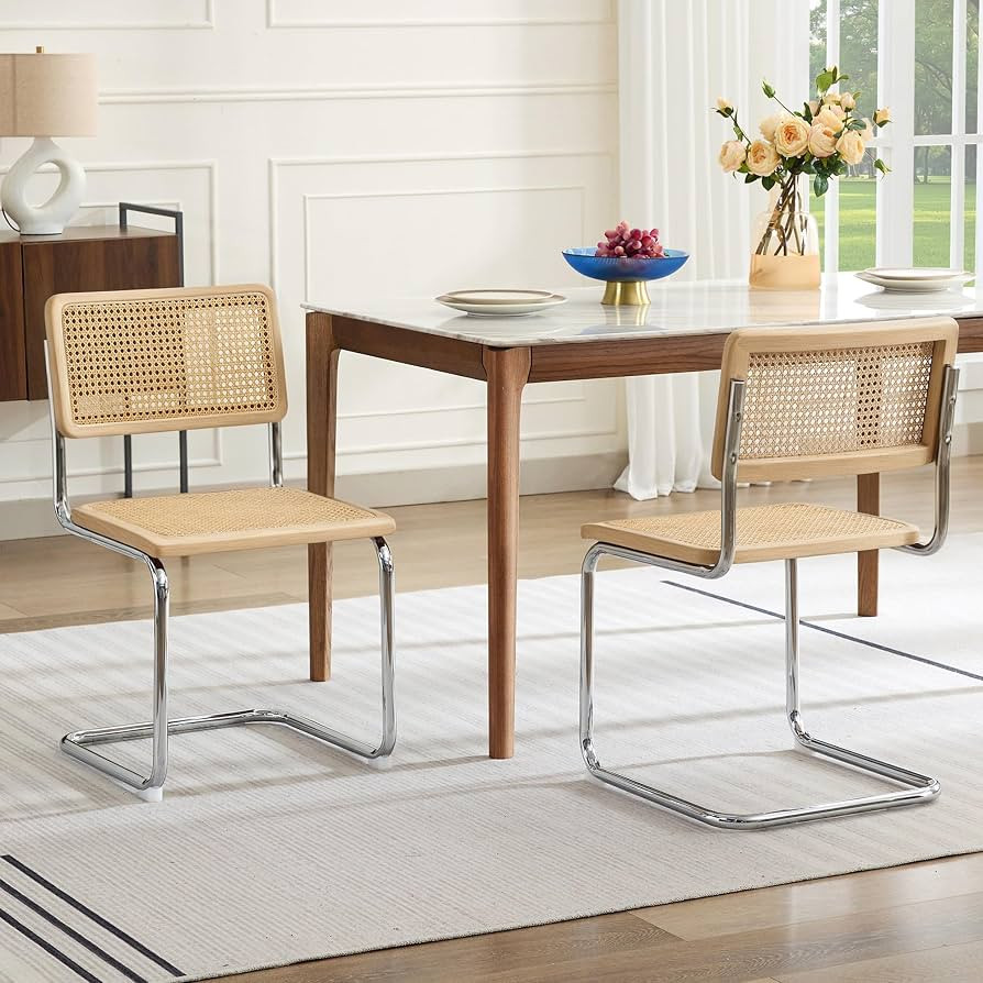 Rattan Cantilever Dining Chairs Set of 2, Boho Modern Dining Chairs with Rattan Back, Curved Stee... | Amazon (US)