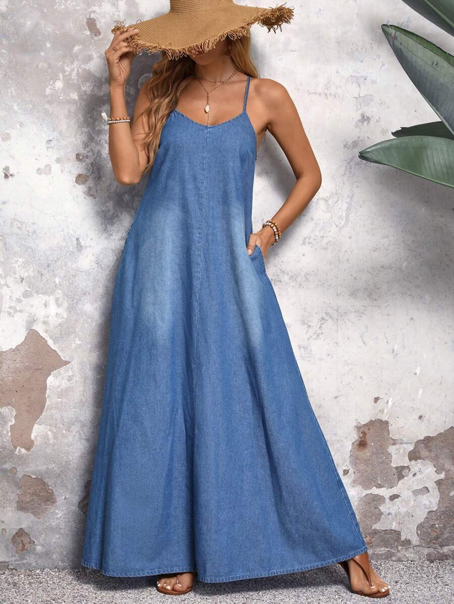 EMERY ROSE Holiday Leisure Extra Long Denim Jumpsuit Dress With Shoulder Straps | SHEIN