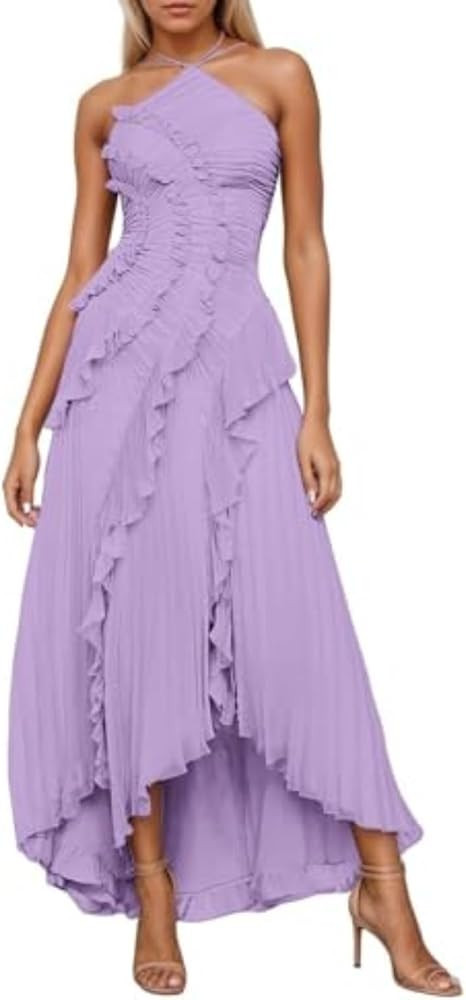 Pleated Lotus Edge Maxi Dress for Women Backless Halter Sleeveless Asymmetrical Ruffled Tiered Fo... | Amazon (US)