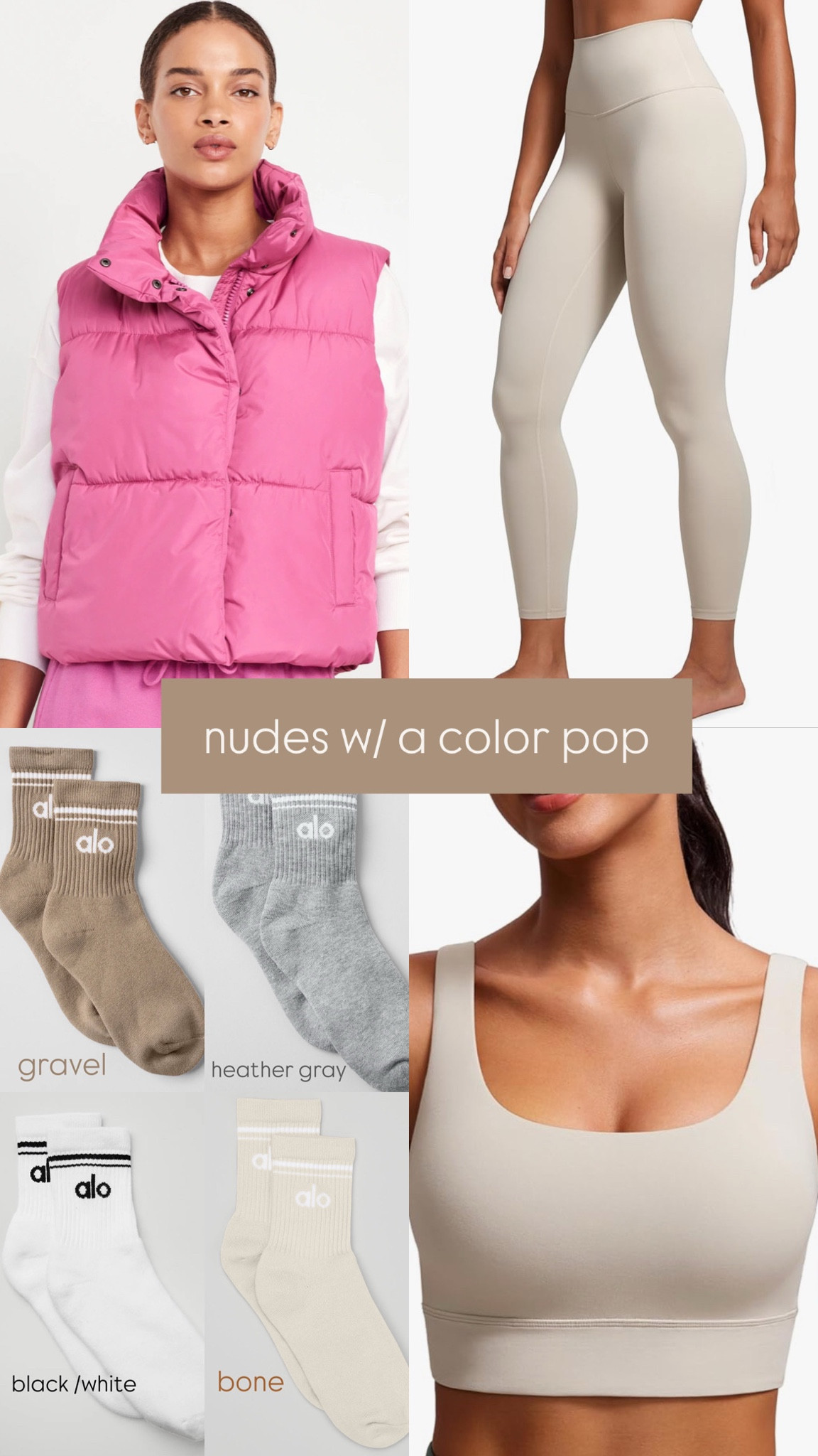 Nudes with a color pop. Mojave tan sports bra & leggings + pink puffer. Wearing size small in all 3 pieces.  
 #neutrals #nude #neutralleggings #neutralsportsbra #puffervest #pinkpuffer #athleisure #skiseason #skilooks #skistyle 

#LTKFitness #LTKActive #LTKFindsUnder50