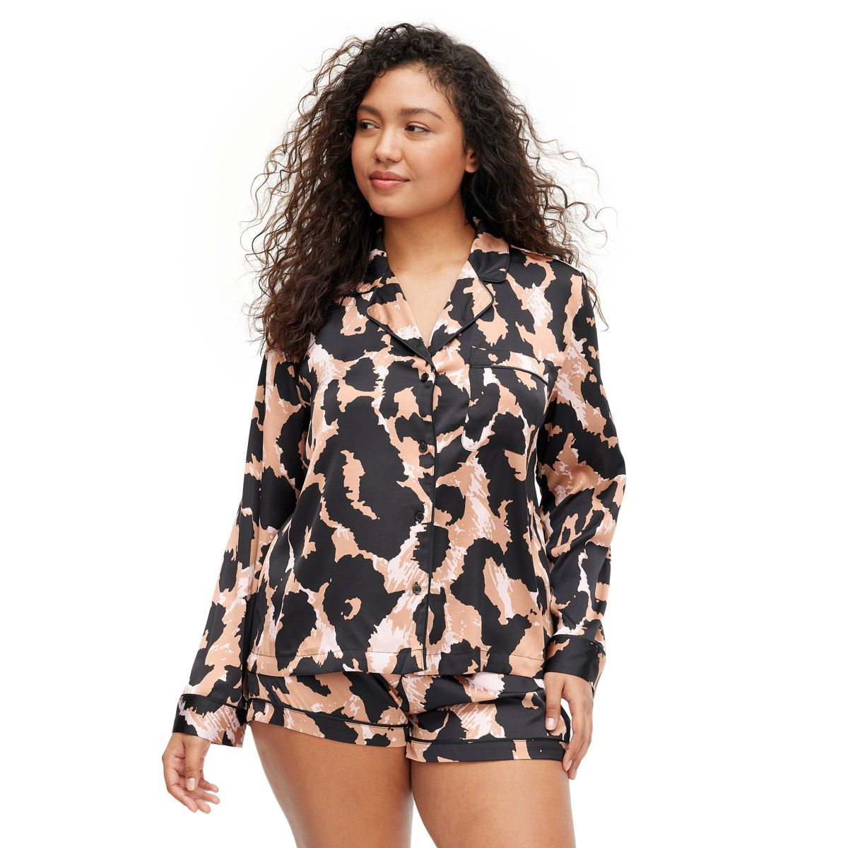 Women's 2pc Long Sleeve Notch Collar Top and Shorts Leopard Neutral Pajama Set - DVF for Target | Target