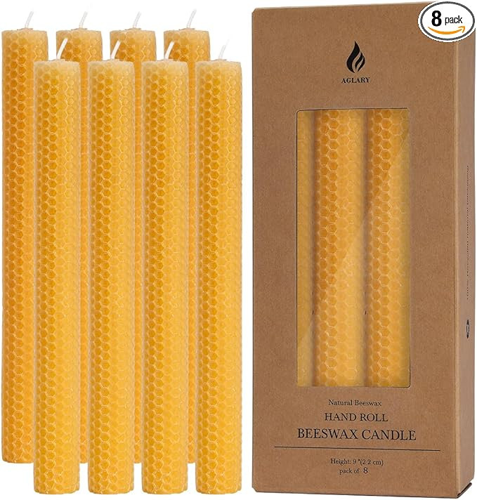 8PCS 9" Hand-Rolled Beeswax Taper Candles, Real Pure Beeswax, Handmade Honeycomb Candles, Flat To... | Amazon (US)
