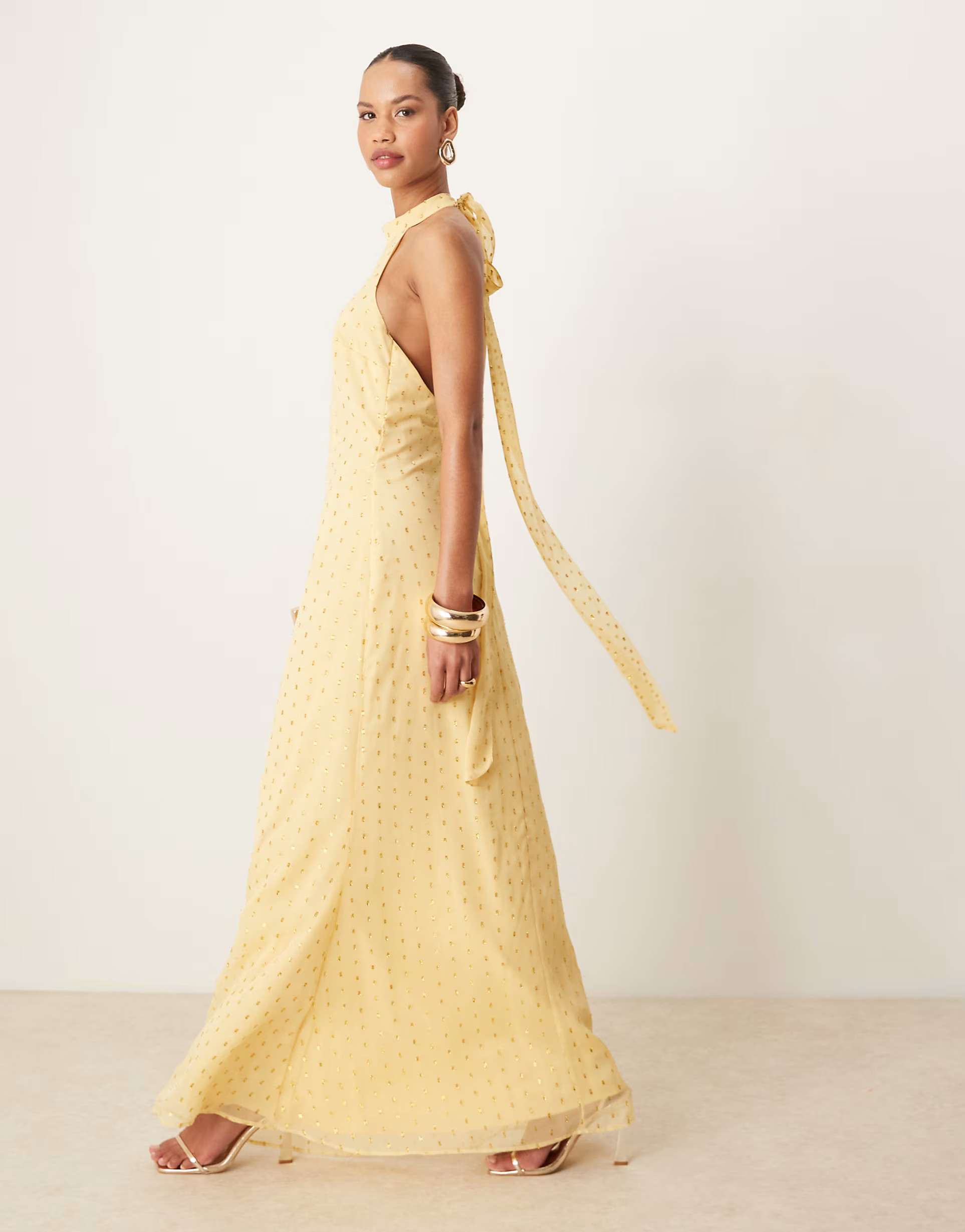 Anaya Gold foil halter neck maxi dress in butter yellow | ASOS (Global)