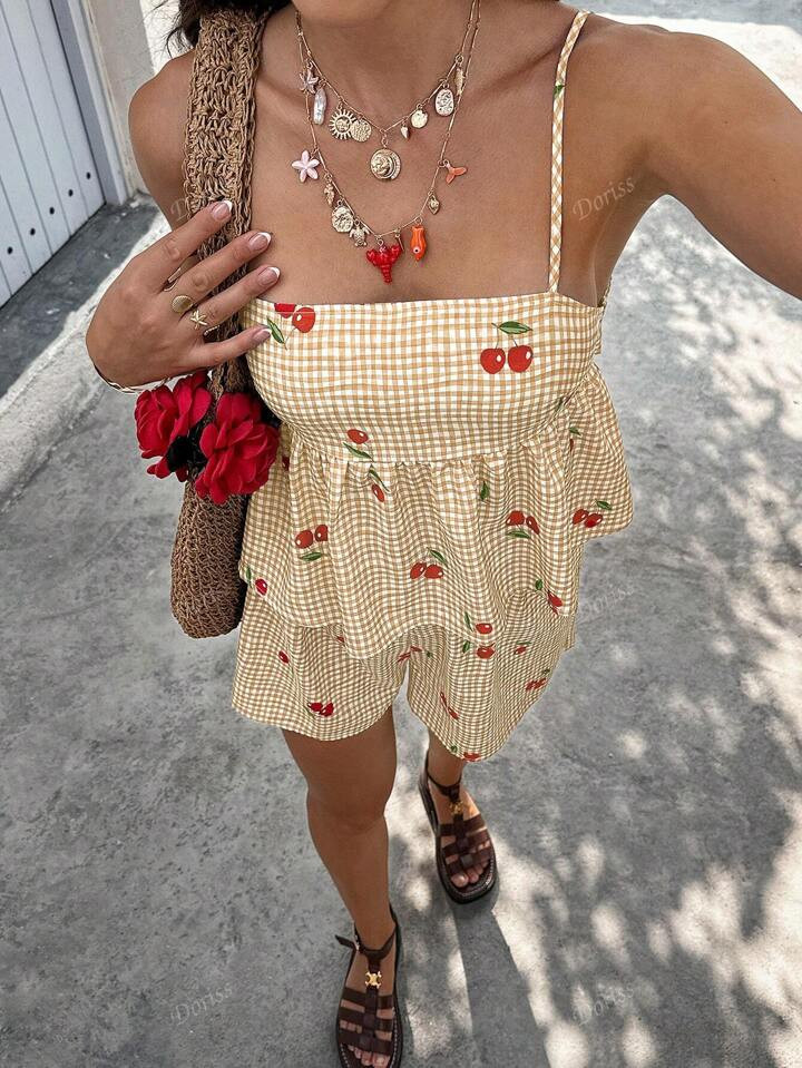 2pcs/Set Women Plaid Cherry Print Ruffled Cami Top And Shorts | SHEIN