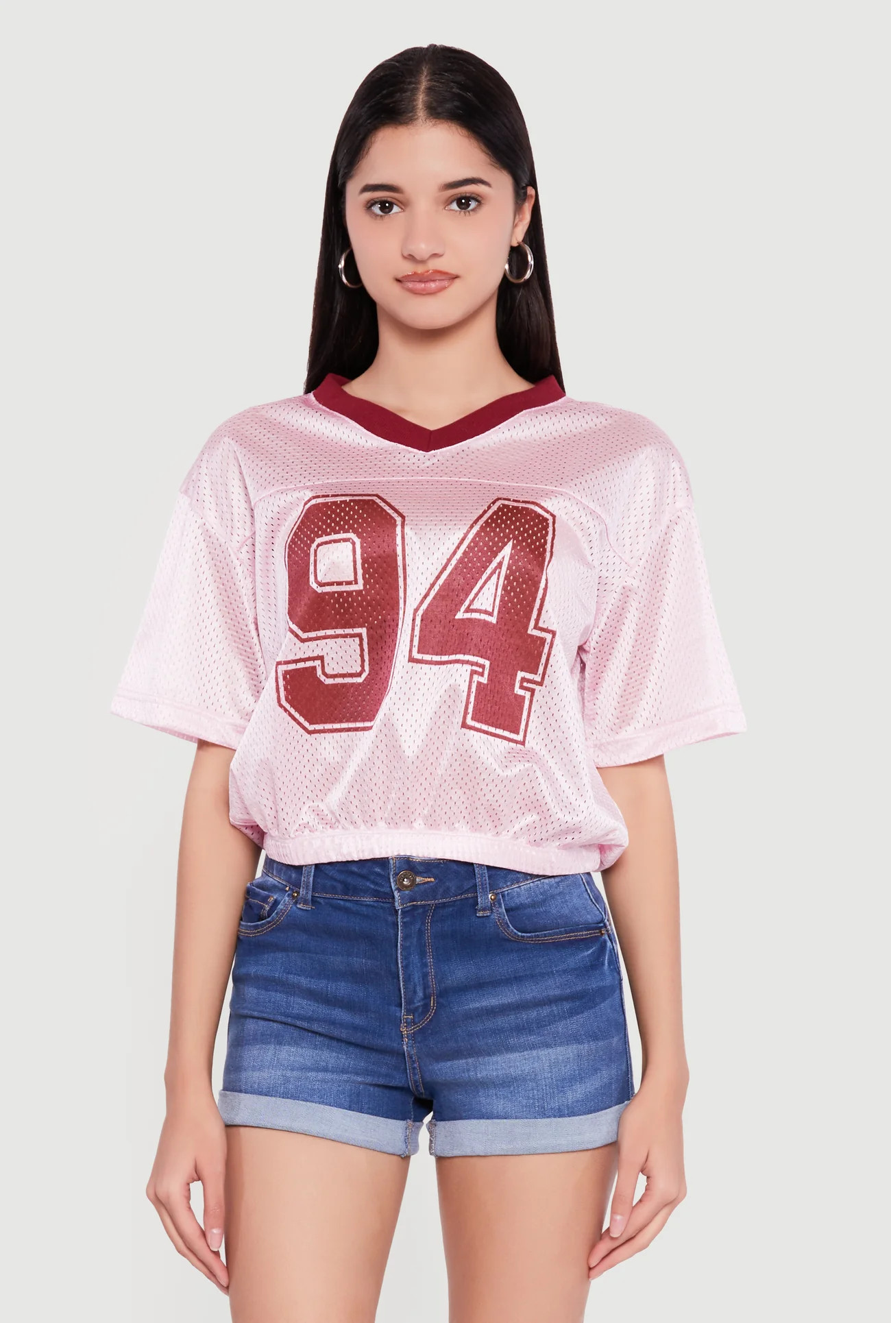 Almost Famous Cropped Bubble Hem Graphic Football Jersey | Rainbow Shops