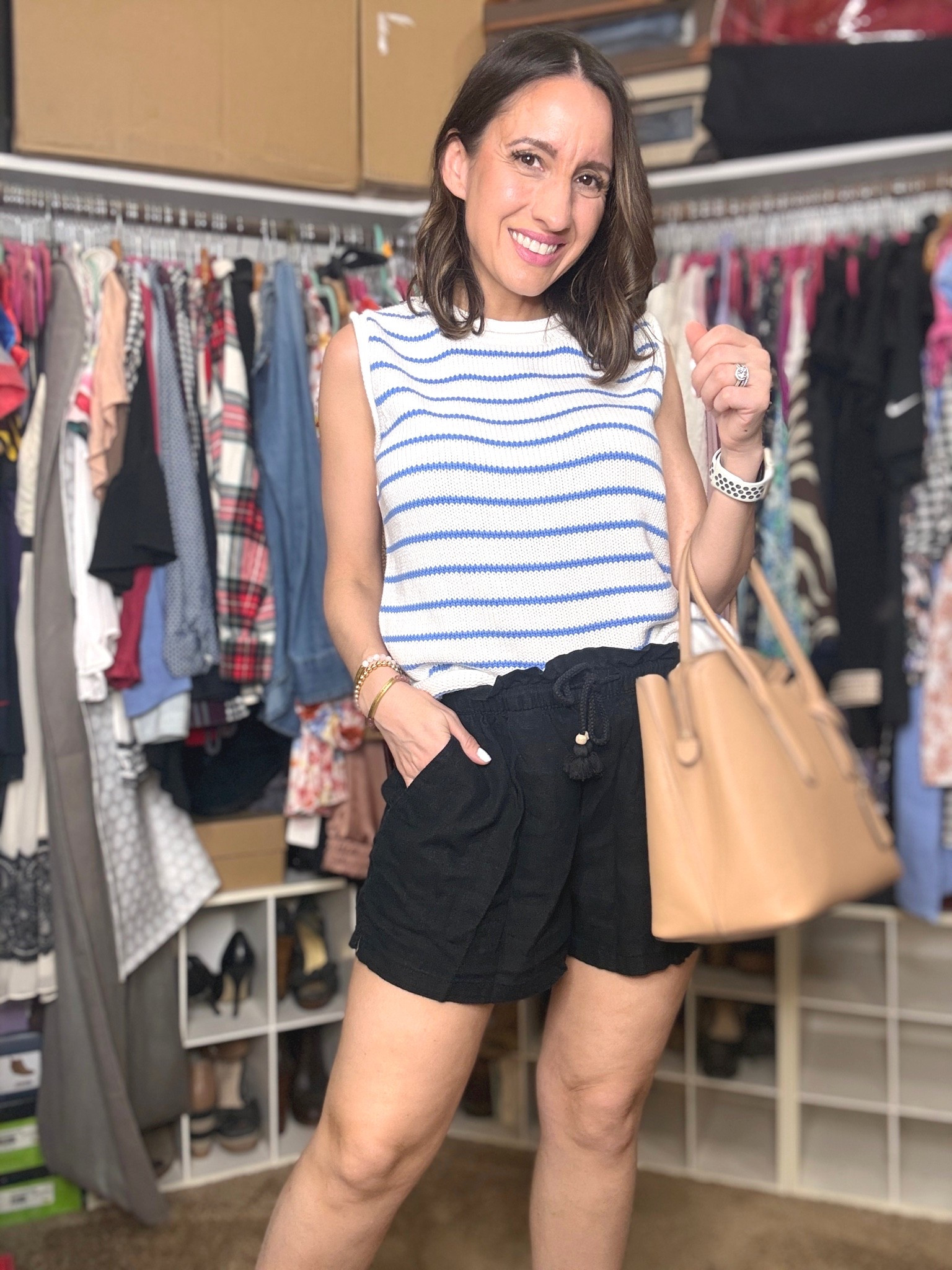 Cute casual outfit. 
Blue and white top. Love the fit of it, and that it is really great quality. 
Runs a little big. Go down 1 size. 
Black linen shorts. They run big. Go down 1 size. 😉
Summer style 
Casual style 
Lunch style 
Brunch outfit

#LTKOver40 #LTKPetite #LTKootd
