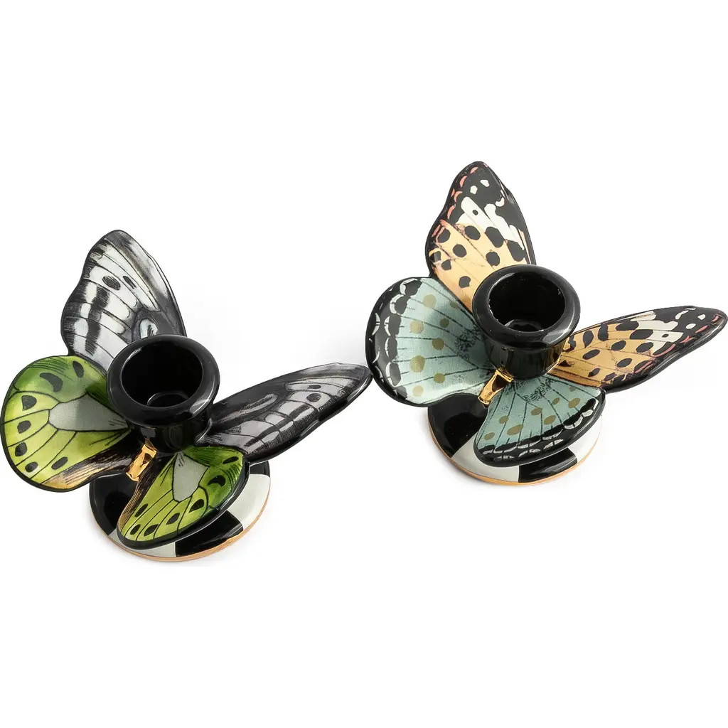 MACKENZIE CHILDS Toile Set of 2 Butterfly Candleholders in Black Multi at Nordstrom | Nordstrom
