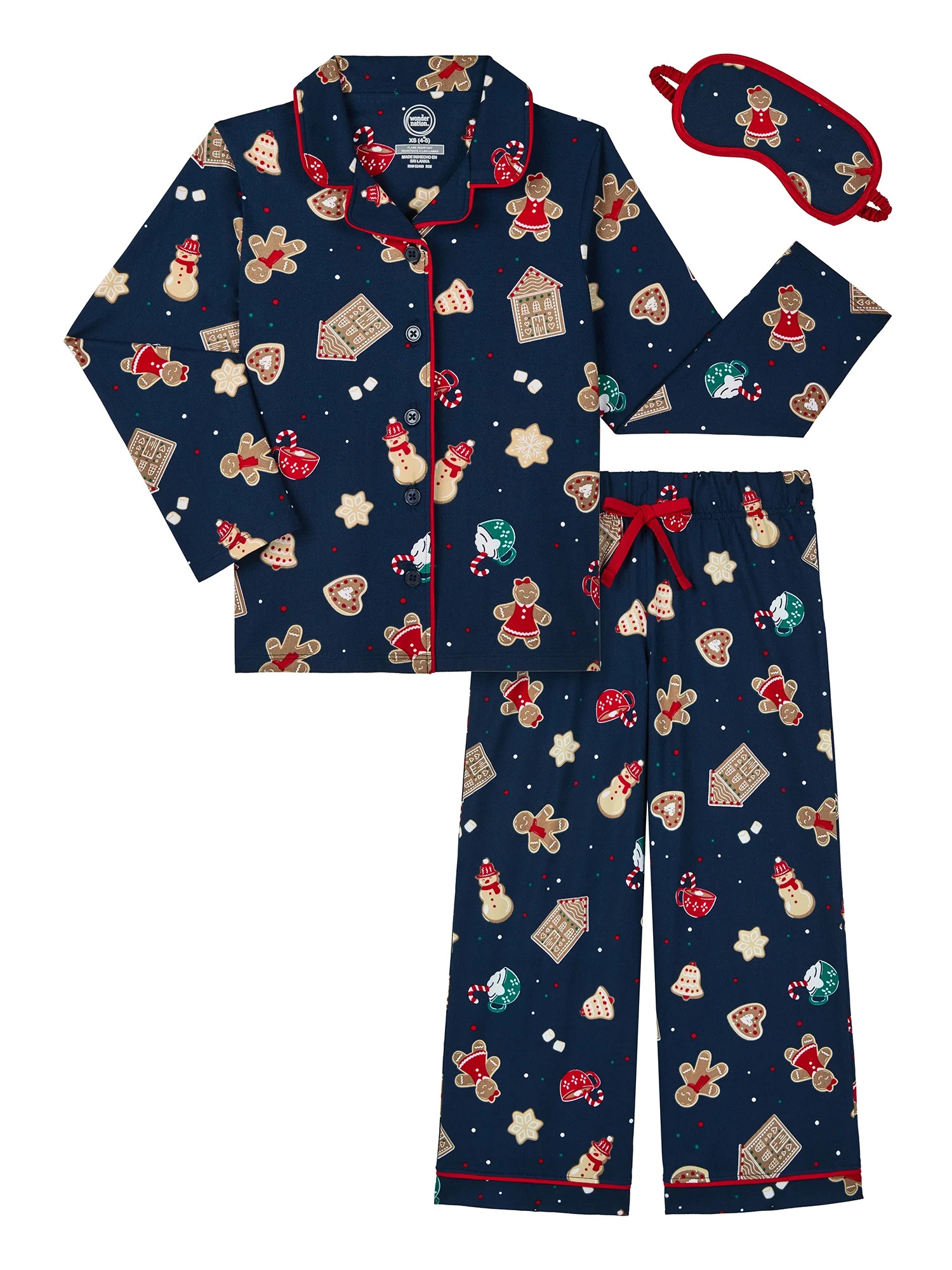 Wonder Nation Girls Long Sleeve Button Front Pajama Top and Pants Set with Eyemask, 3-Piece, Size... | Walmart (US)