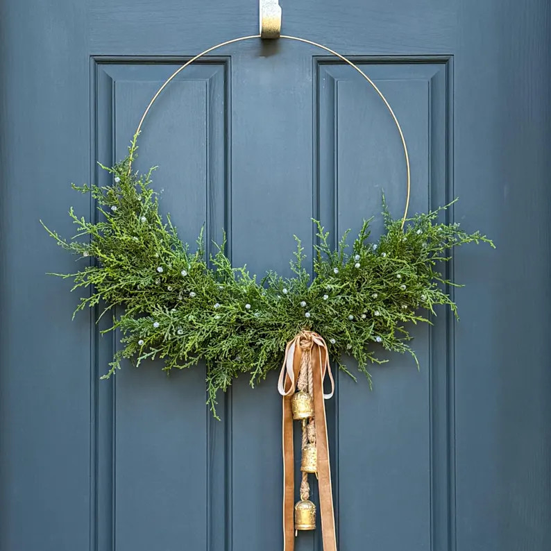 Modern Juniper Christmas Wreath With Gold Bells | Holiday Decor - Etsy | Etsy (US)