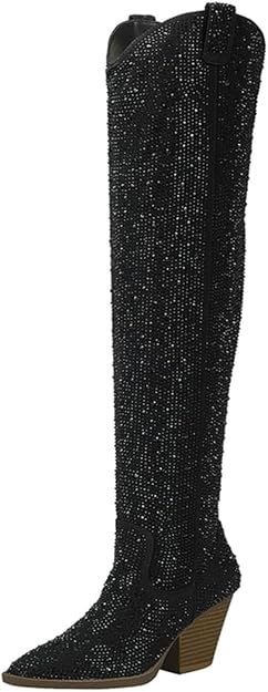 olomisa Rhinestone Boots for Women, Sparkly Boots Over the Knee Cowboy Boots Pointed Toe Pull On ... | Amazon (US)