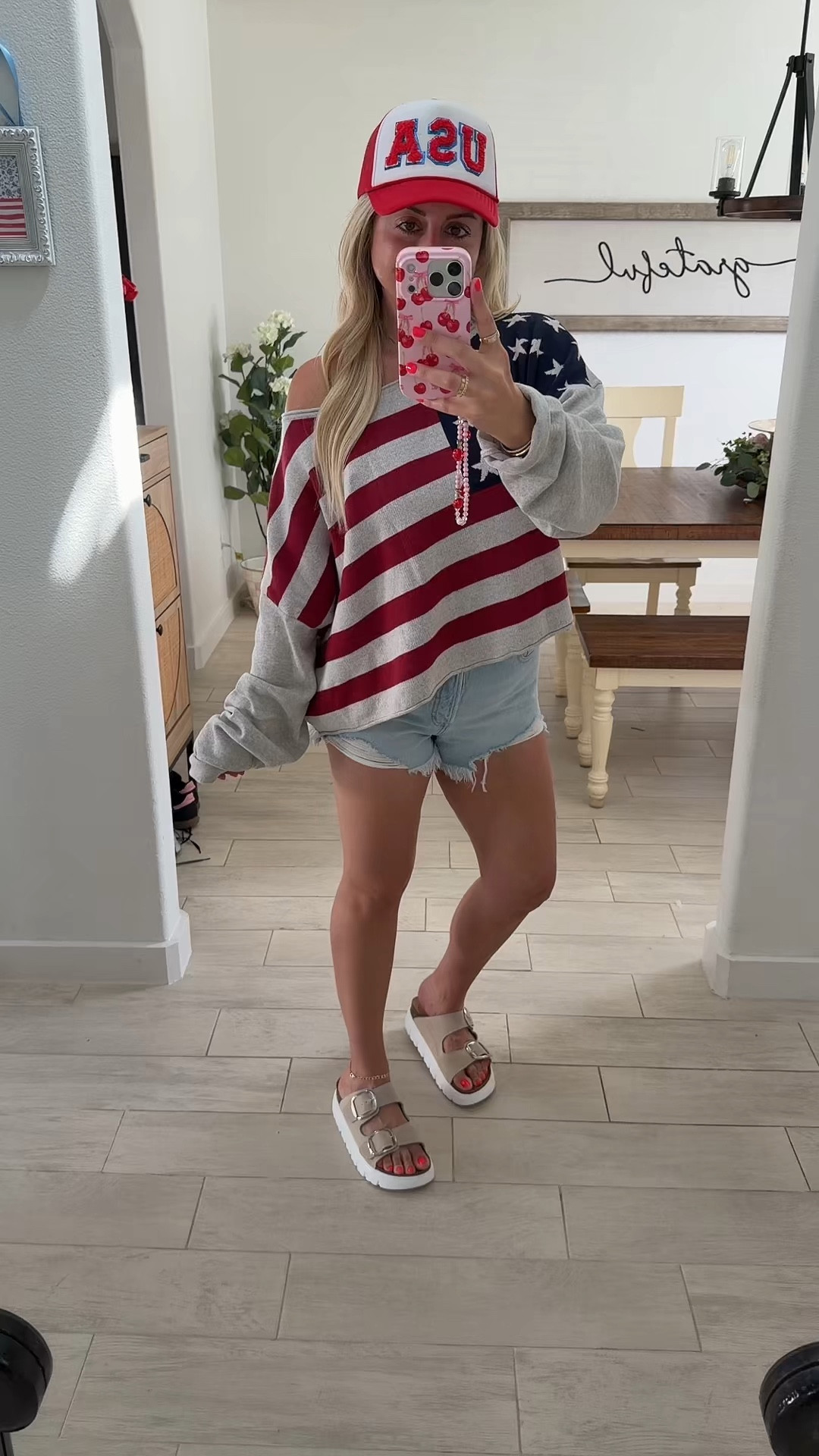 Memorial Day and 4th of July outfit❤️
Large USA flag sweater 
Denim shorts tts
Sandals tts

#LTKootd