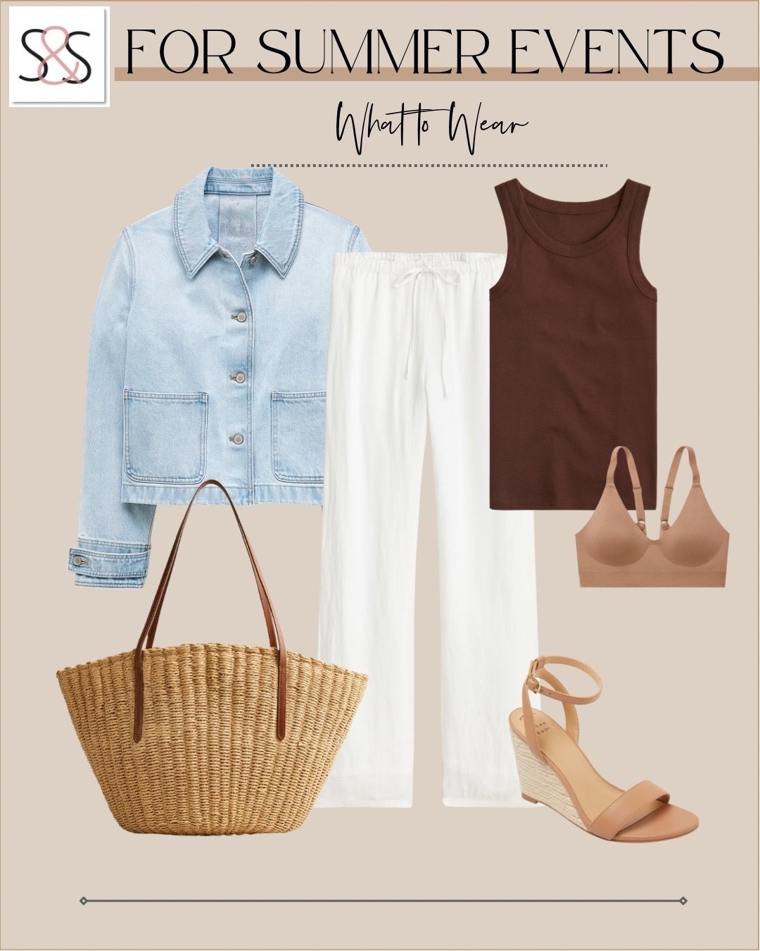 I'm convinced this is the formula for looking expensive on any budget.

summer event outfits what to wear casual dressy white pants denim jacket brown tank top neutral sandals wicker bag comfortable stylish versatile pieces mix and match wardrobe essentials affordable fashion

#LTKSeasonal #LTKOver40 #LTKmomlife