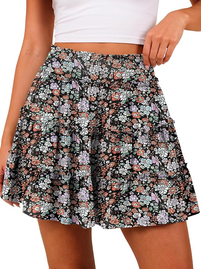 Caracilia Womens Mini Skirt Skorts Flowy High Waisted Ruffle Tiered Casual Summer Beach Short Ski... | Amazon (US)