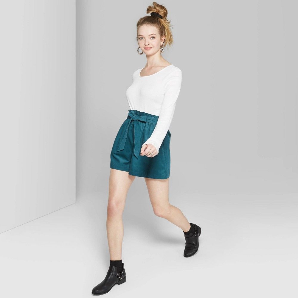 Women's High-Rise Corduroy Paperbag Fashion Shorts - Wild Fable Teal L, Blue | Target