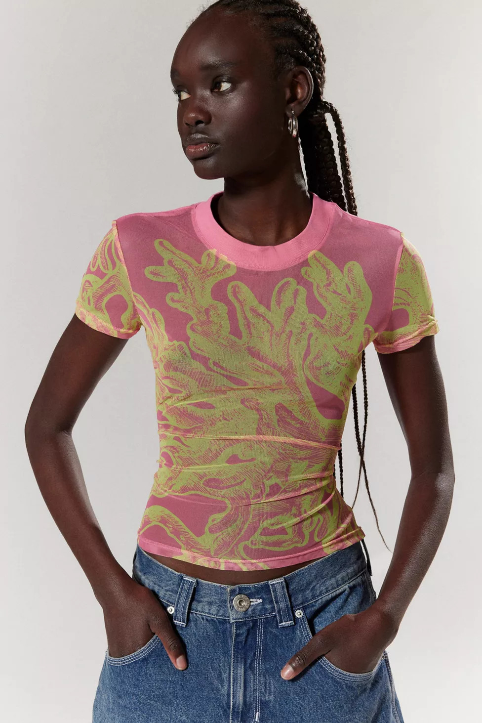 Private Policy Mesh Coral Tee | Urban Outfitters (US and RoW)