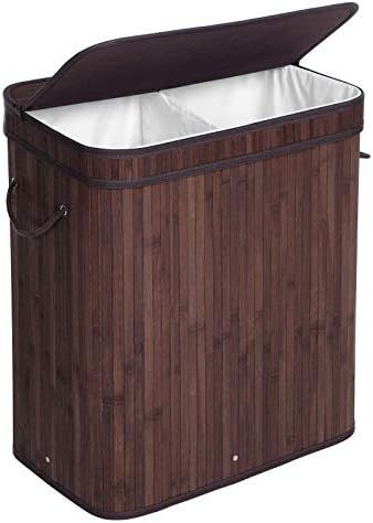 SONGMICS Double Laundry Hamper with Lid, Divided Laundry Basket with Handles, Bamboo Hamper with Lin | Amazon (US)